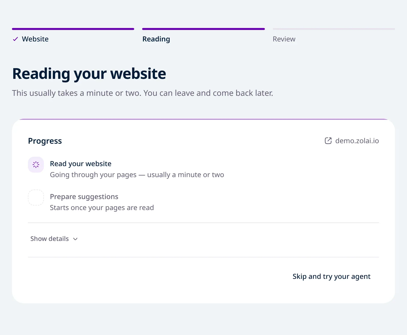 The "Reading your website" page with the "Read your website" step running and the page count