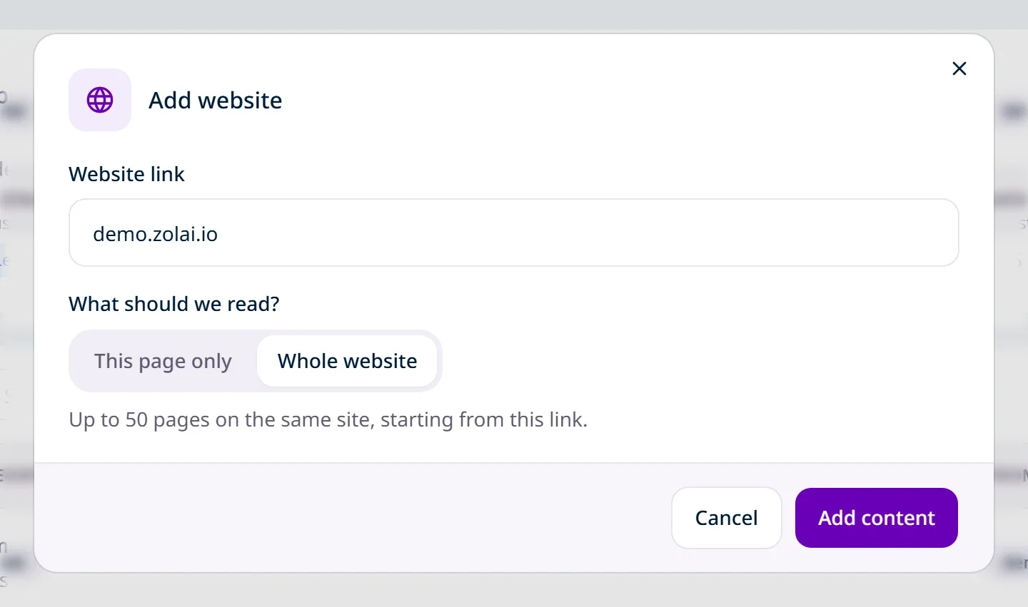 The "Add website" dialog with the "Website link" field and the two "What should we read?" options: Whole website and This page only