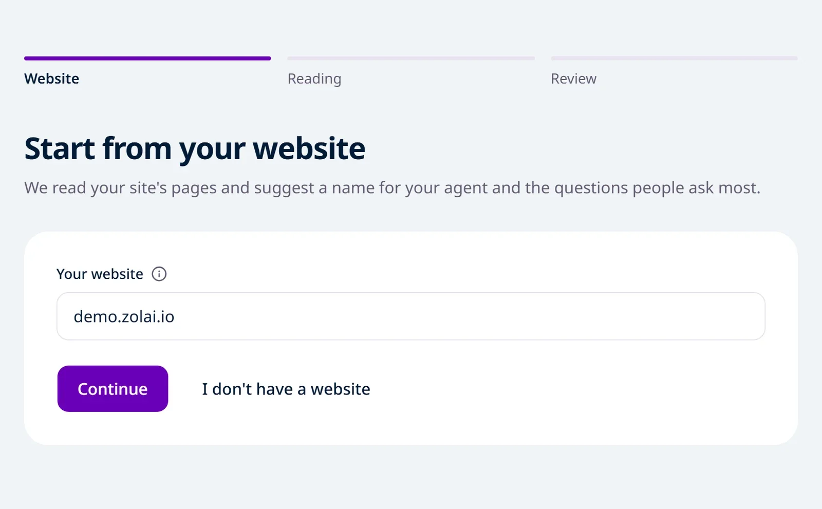 The "Start from your website" form with "Your website" filled in as demo.zolai.io and the Continue button