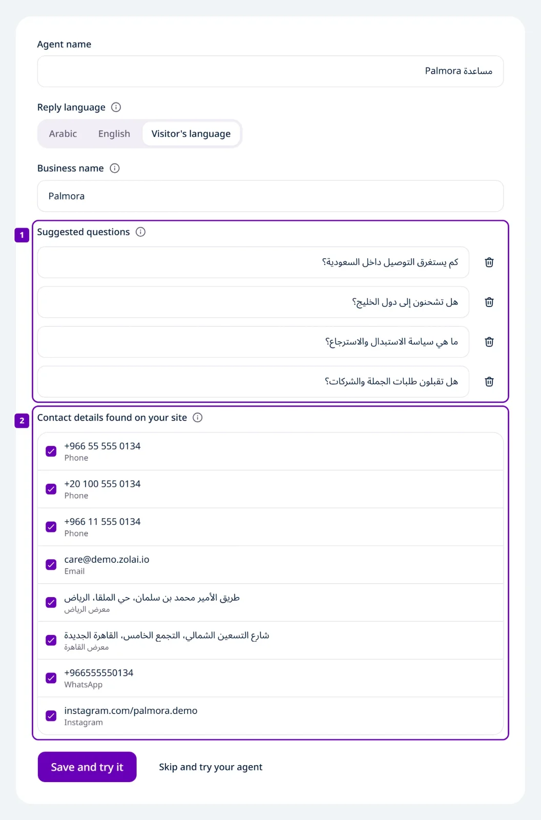 The "Review your agent" step with the agent name, reply language, business name, suggested questions, and checkboxes for the contact details found on the site