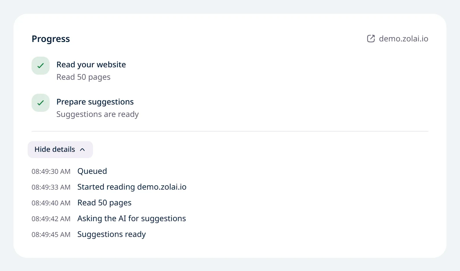 The "What happened" list open after clicking "Show details", with the reading and suggestion steps and their times