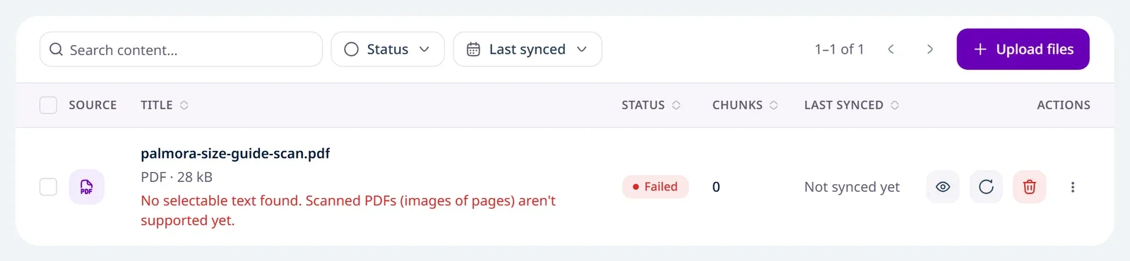 A scanned PDF's row in the Files table with the Failed status and the error under it
